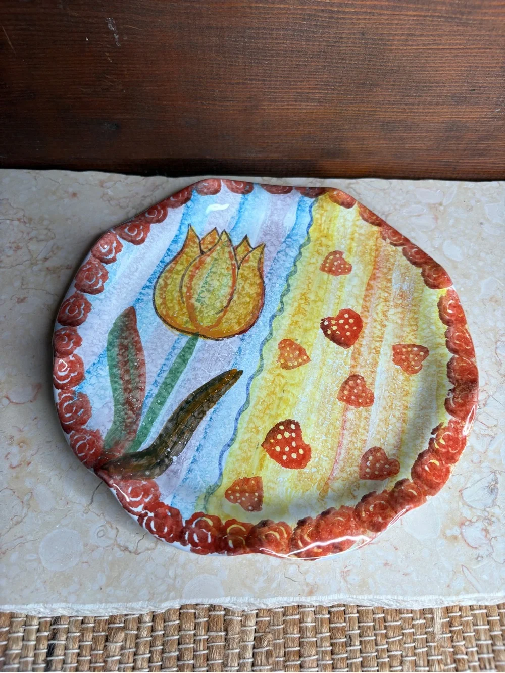 Ruffle Edge Tulip & Hearts Hand Painted Made in Italy Decorative 8.5